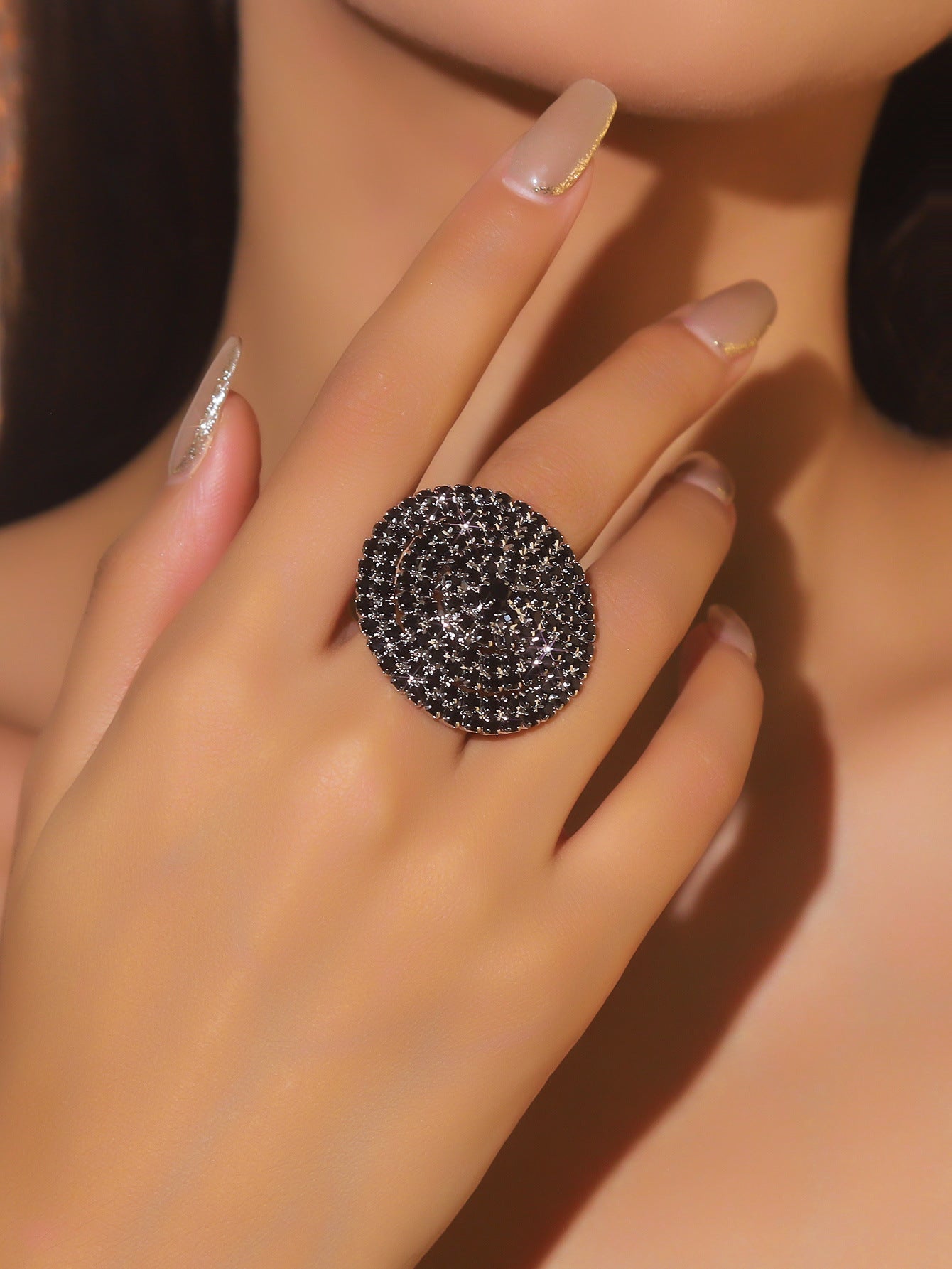 DINGKA geometric rhinestone ring femininity shiny full diamond opening adjustable rings ring hand jewelry