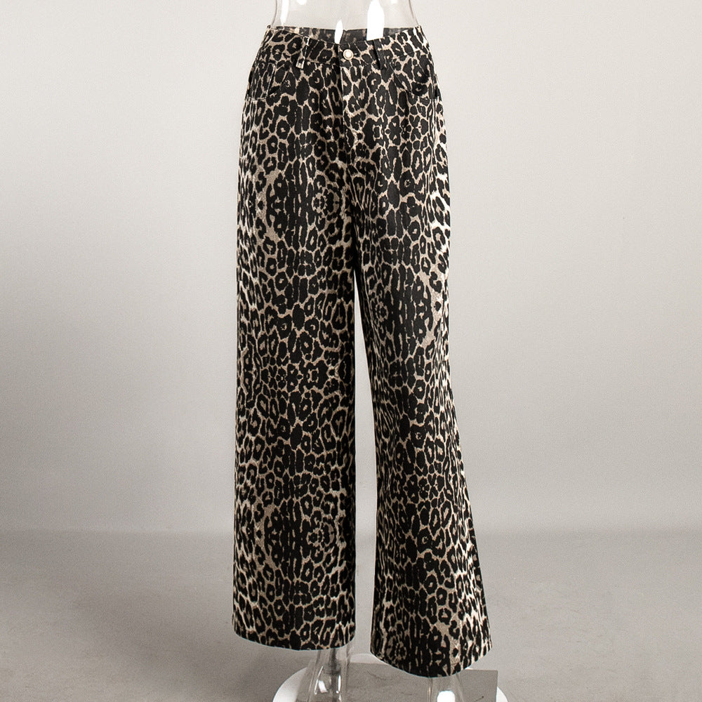 Cross-border leopard print wide-leg pants, European and American spring and summer new Y2K loose casual mopping leopard print wide-leg pants