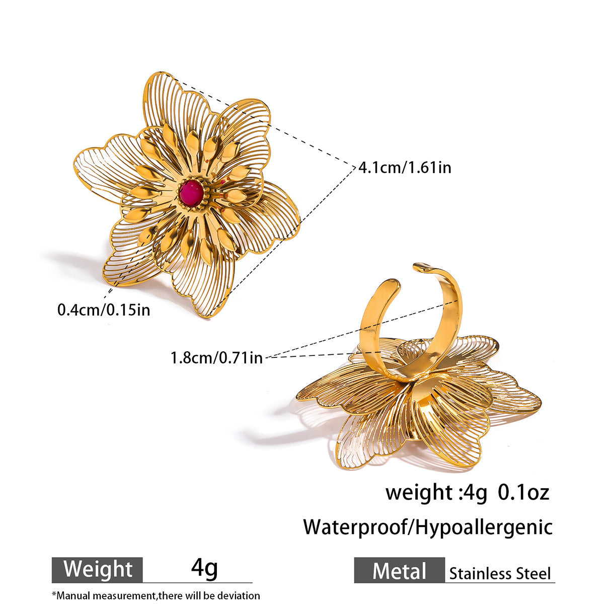 Malt stainless steel non-fading flower rings female three-dimensional opening design ring exaggerated European and American jewelry