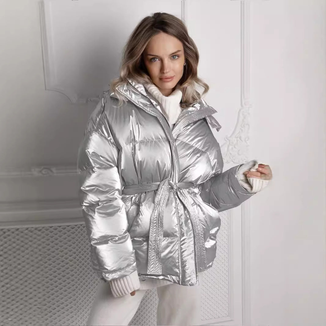 Hooded cotton jacket women's sports outdoor glossy bread clothing European and American autumn and winter casual cotton-padded jackets