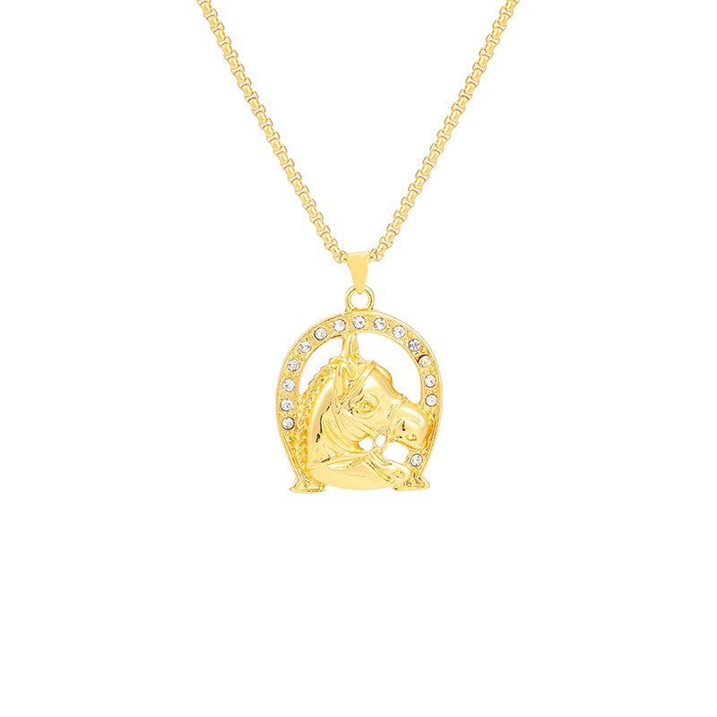 European and American popular hip hop hiphop jewelry, zinc alloy gold-plated diamond horse head pendant necklace