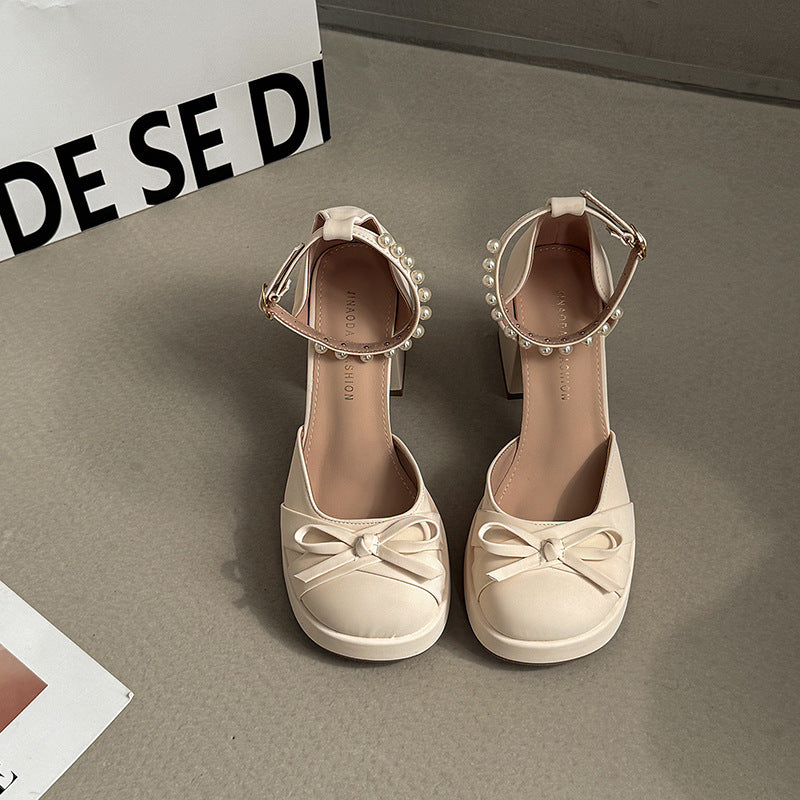 French bow thick heel Mary Jane shoes women new spring and summer fairy style with skirt sweet high heels beanie shoes