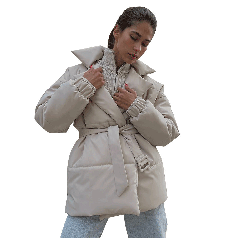 Lapel cotton clothes European and American winter new thickened and thin waist cotton clothes solid color belt cotton clothes jackets
