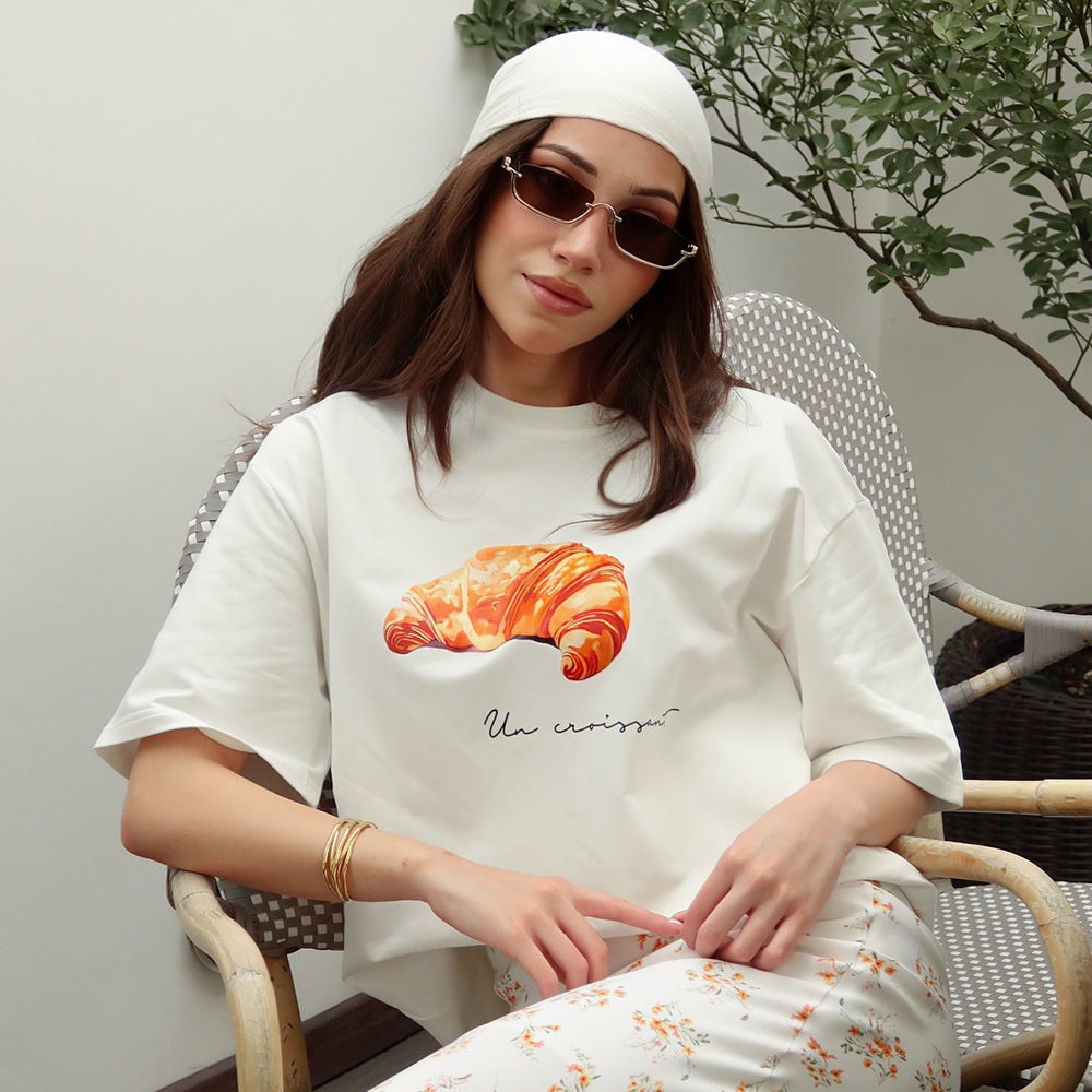 Cross-border cotton short-sleeved T-shirt women's European and American summer croissant printed top loose short-sleeved t-shirt women's