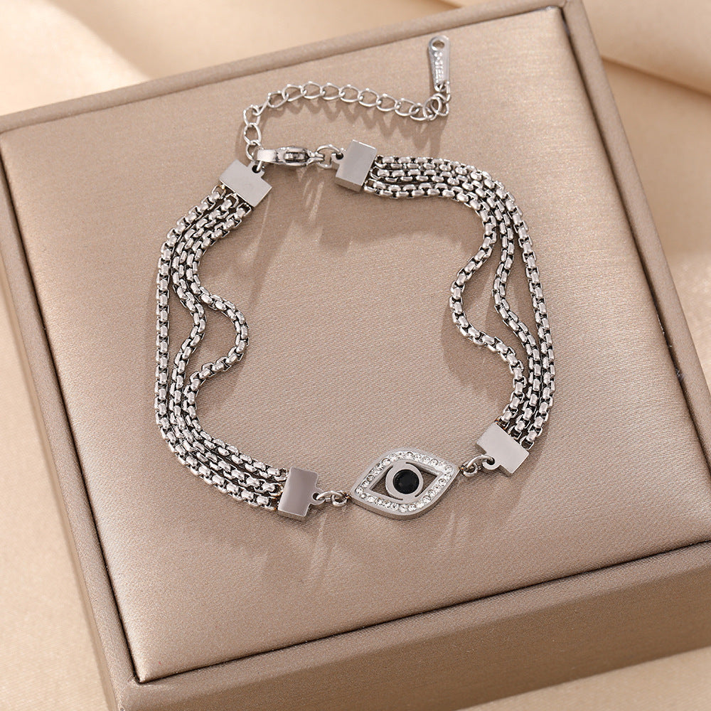 European and American temperament three-layer chain bracelet geometric eye pattern diamond-encrusted wide bracelet titanium steel color-retaining electroplating jewelry
