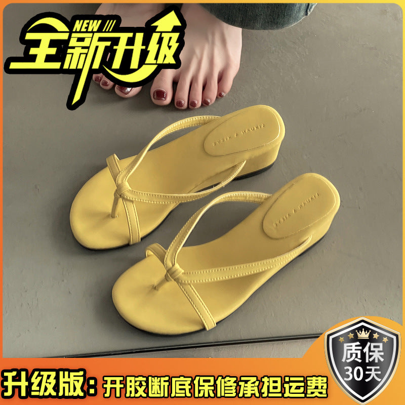 Thick-bottomed small flip-flops summer  French gentle temperament fairy suede toe slope heel cool slippers