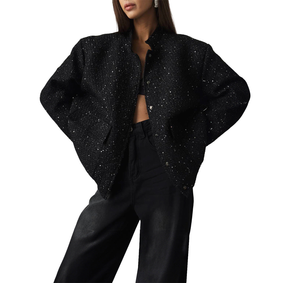 Cross-border gold silk bead jacket European and American new INS new fashion sequined stand-up collar loose jacket  clothes  coat