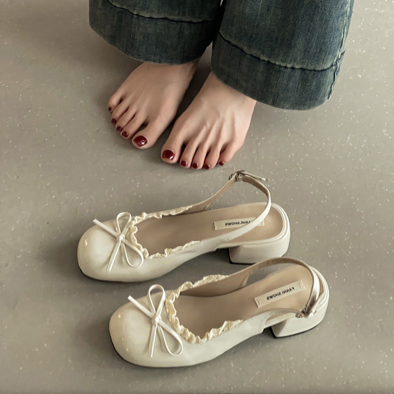 French niche design sense bow with lace thick heel cool slippers women's summer new one-word sandals