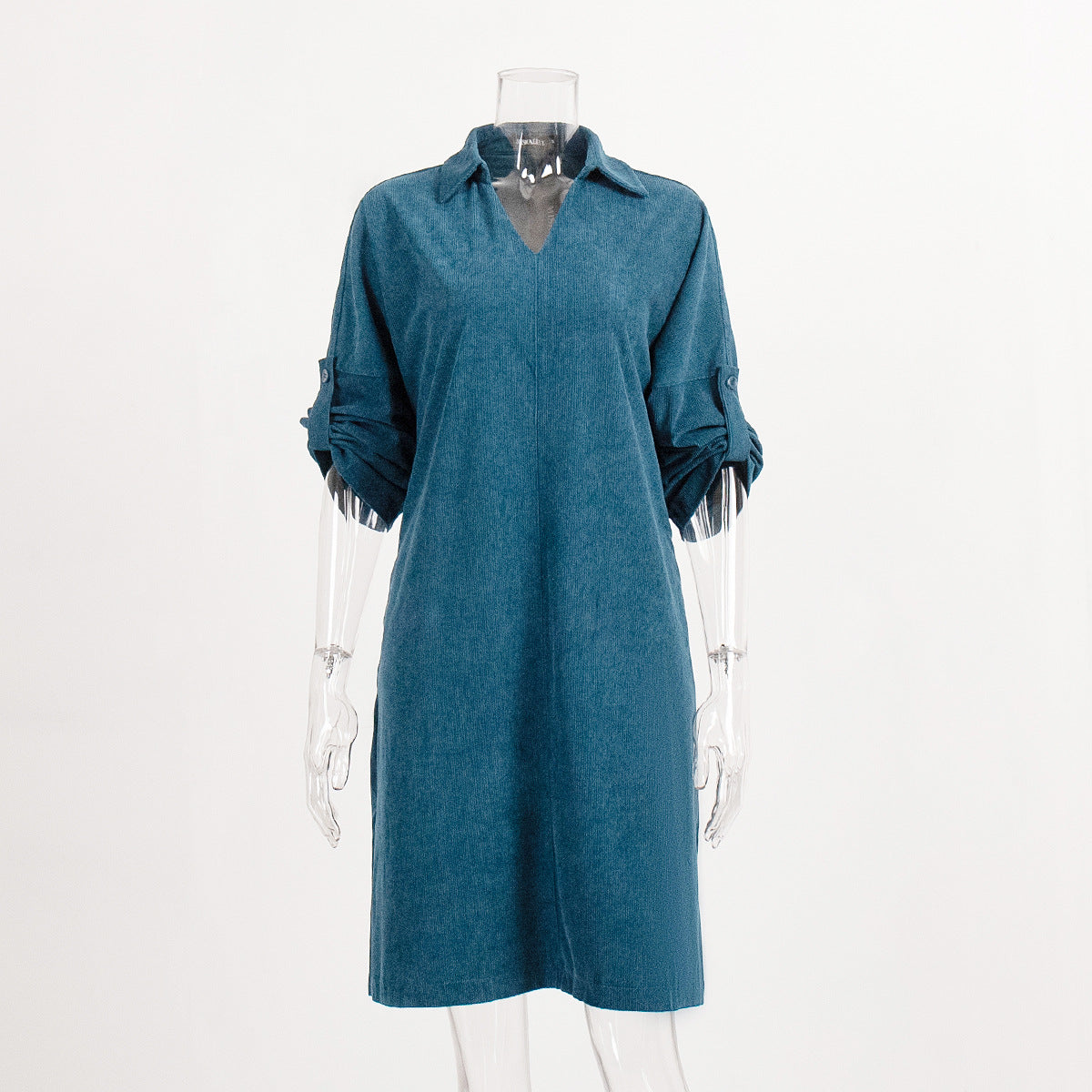 Corduroy medium and long dress, European and American spring and summer temperament commuting loose lapel cufflink dress
