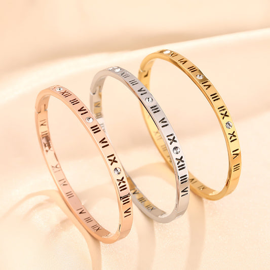 Douyin popular niche design titanium steel bracelet female Roman digital diamond-encrusted light luxury high-end non-fading bracelet jewelry