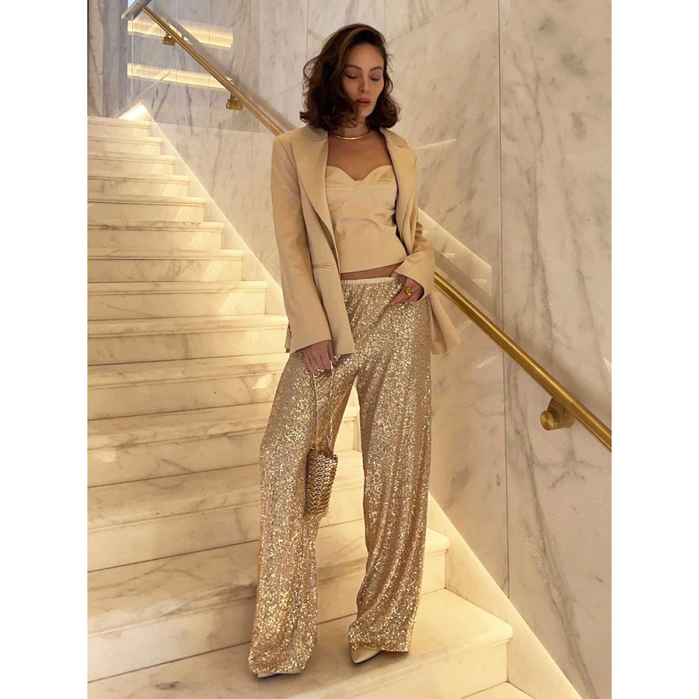sequined trousers European and American autumn and winter new insY2K trend American pearlescent sequined straight mopping trousers   pant