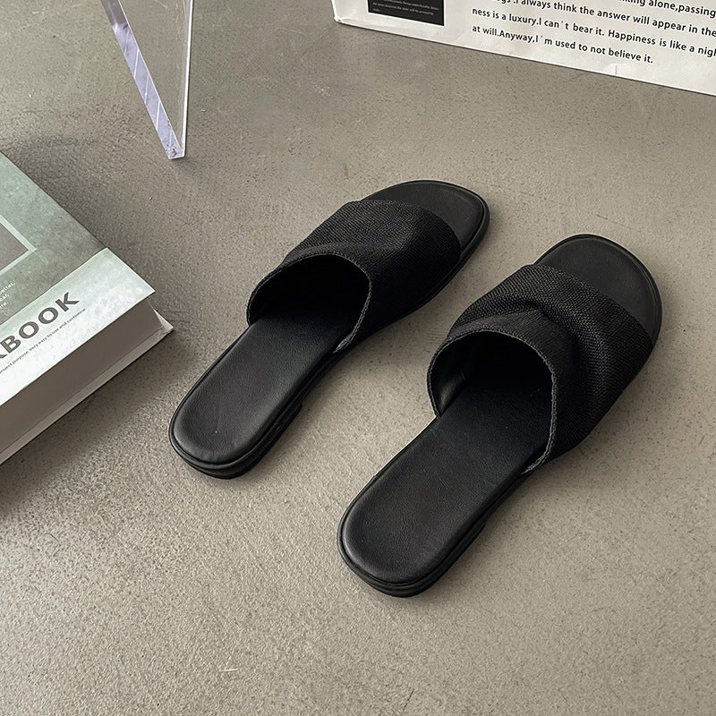 Retro Mori sandals one-word slippers women's  summer new wear soft-soled beach vacation wind flat sandals