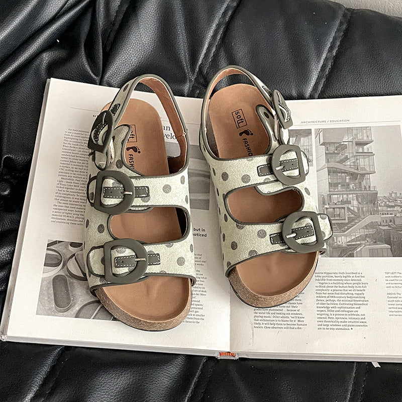 Polka dot platform Birkenstocks women's  new summer versatile and comfortable women wearing sandals with one foot and half drags  slippers