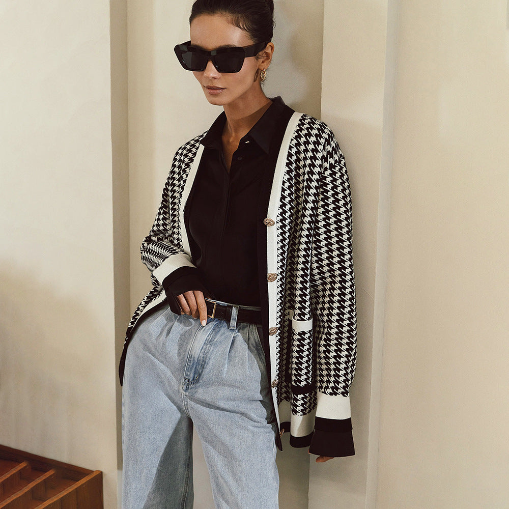 Qiandongge sweater cardigan European, American autumn and winter new elegant women's French loose sweater cardigan