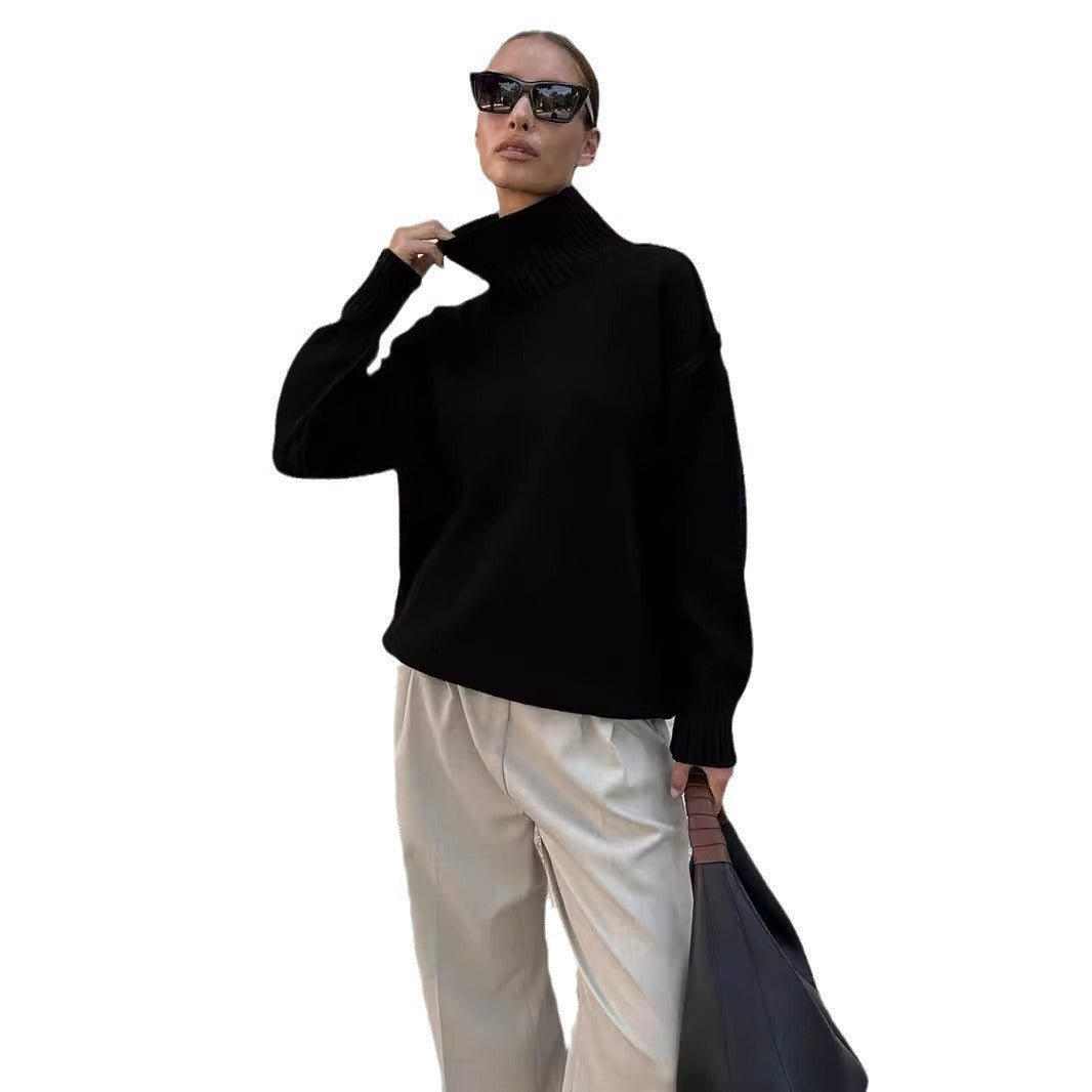 Cross-border splicing turtleneck sweater women's Europe, America, autumn and winter new casual loose lazy thickened sweater knitted jumper