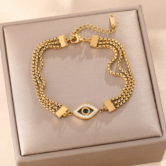 European and American temperament three-layer chain bracelet geometric eye pattern diamond-encrusted wide bracelet titanium steel color-retaining electroplating jewelry