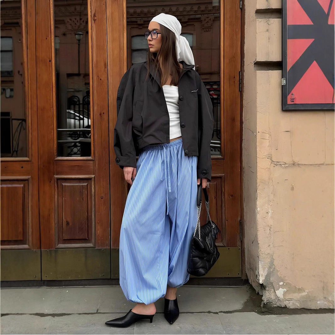 Striped bloomers European and American autumn new street style trend trousers loose and versatile bloomers women  pant