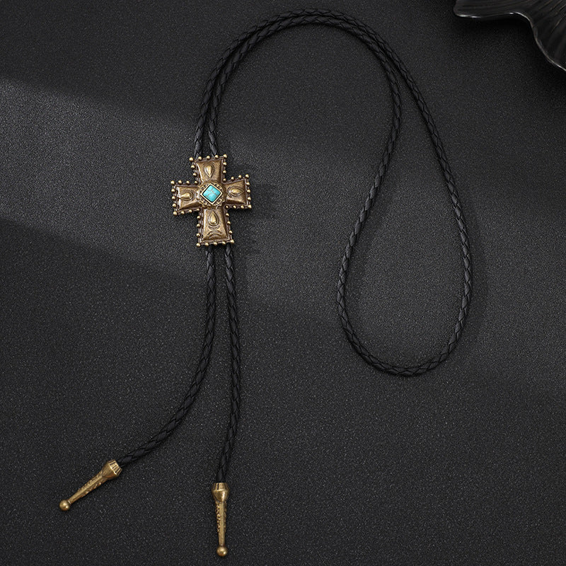 European and American punk denim bolo tie fashion tie cross turquoise sweater chain rope alloy pendant necklace
