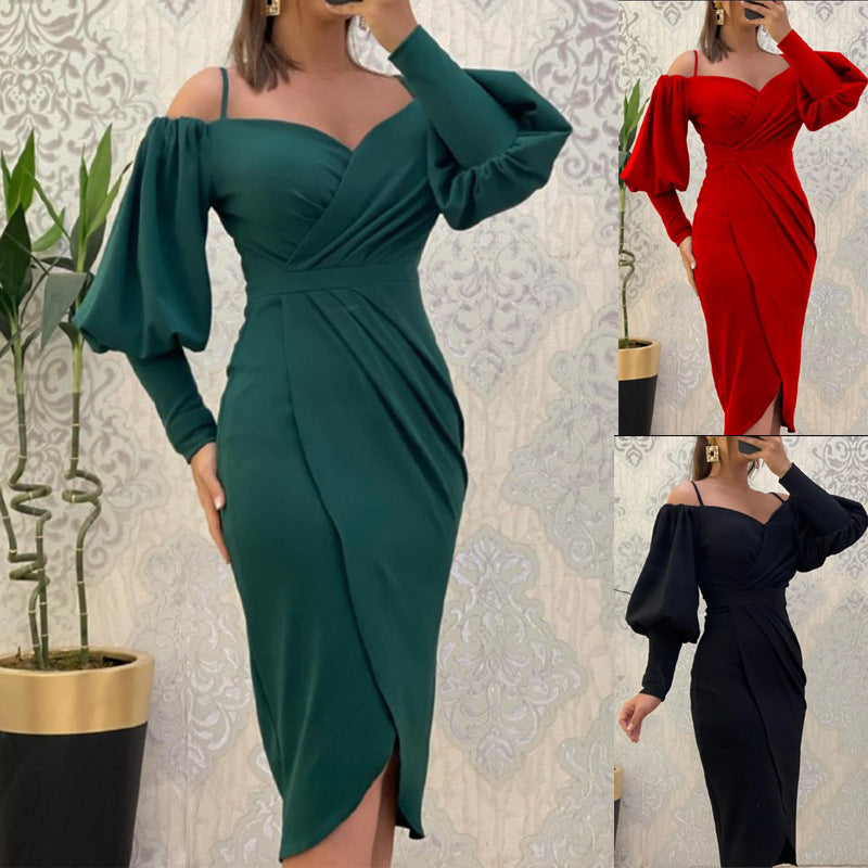 European and American cross-border new suspender one-word neck lantern long-sleeved waist pleated dress