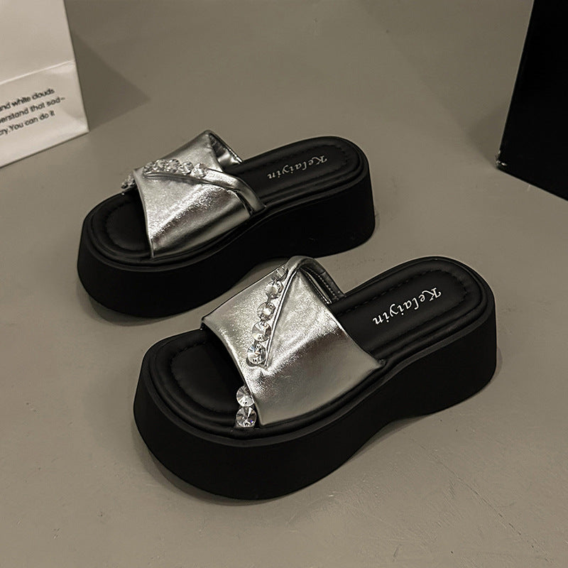 slippers women's summer wear fashion new rhinestone high-end thick-soled sandals flat-soled beach shoes women