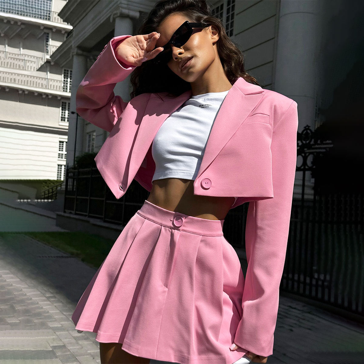 suit short skirt set European and American spring and summer Y2K front shoulder lapel small suit + miniskirt suit suits set