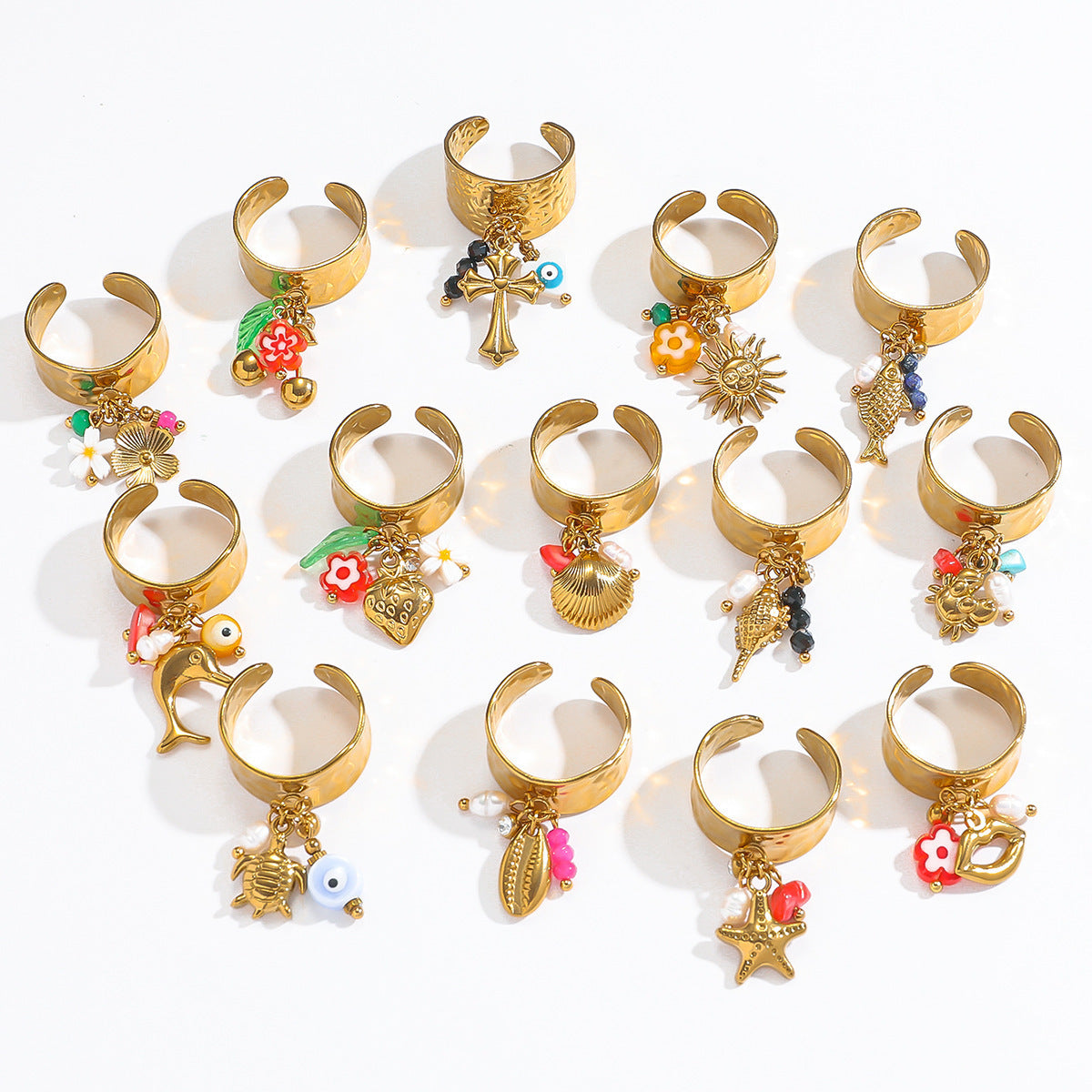 Malt European and American Stainless Steel Holiday Wind Opening Ring Conch Starfish Shell Pearl Blossom Cherry Rings Hand Jewelry