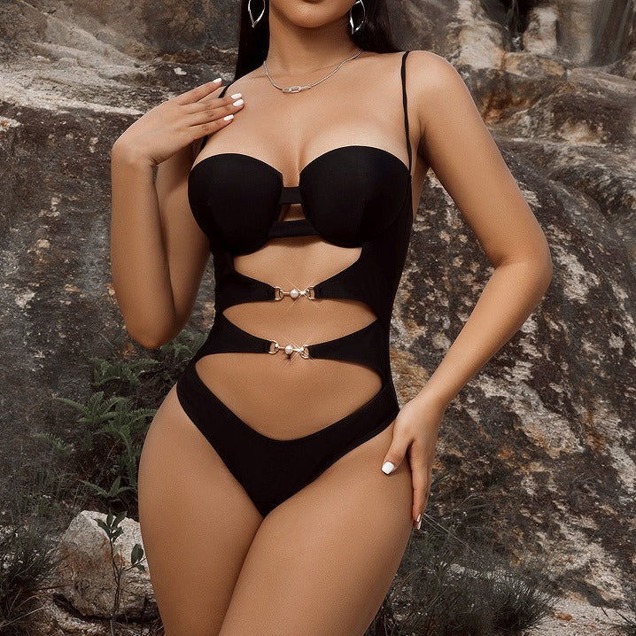 Foreign trade new one-piece bikini bikini solid color hollow strap one-piece swimsuit