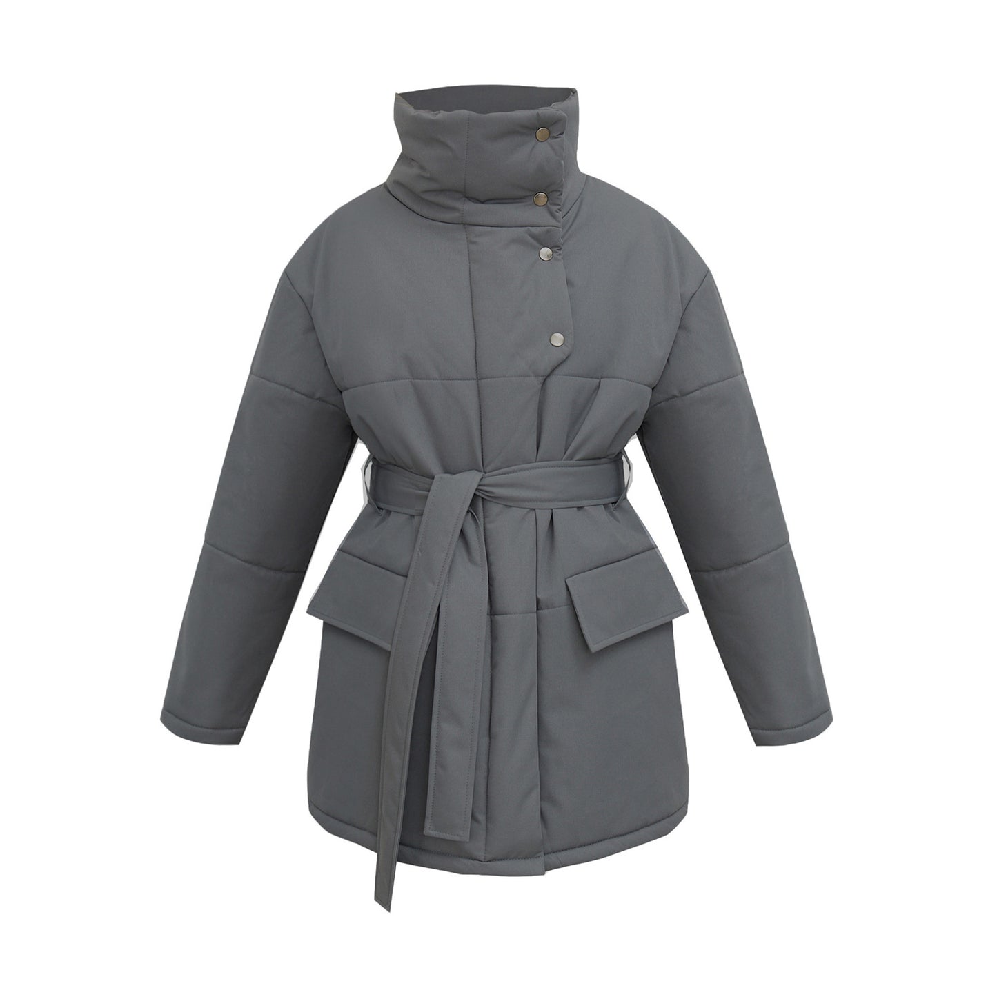 Stand-up collar cotton jacket European, American autumn and winter new temperament belt irregular medium and long cotton jackets