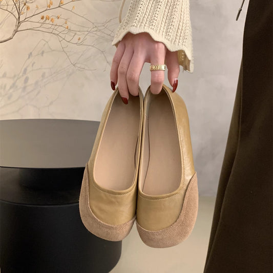 Floating mica ballet  soft leather flat-soled ballet shoes Mary Jane spring and autumn contrasting color design single beanie shoes women