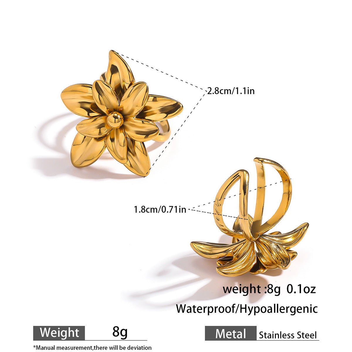 Malt stainless steel non-fading flower rings female three-dimensional opening design ring exaggerated European and American jewelry