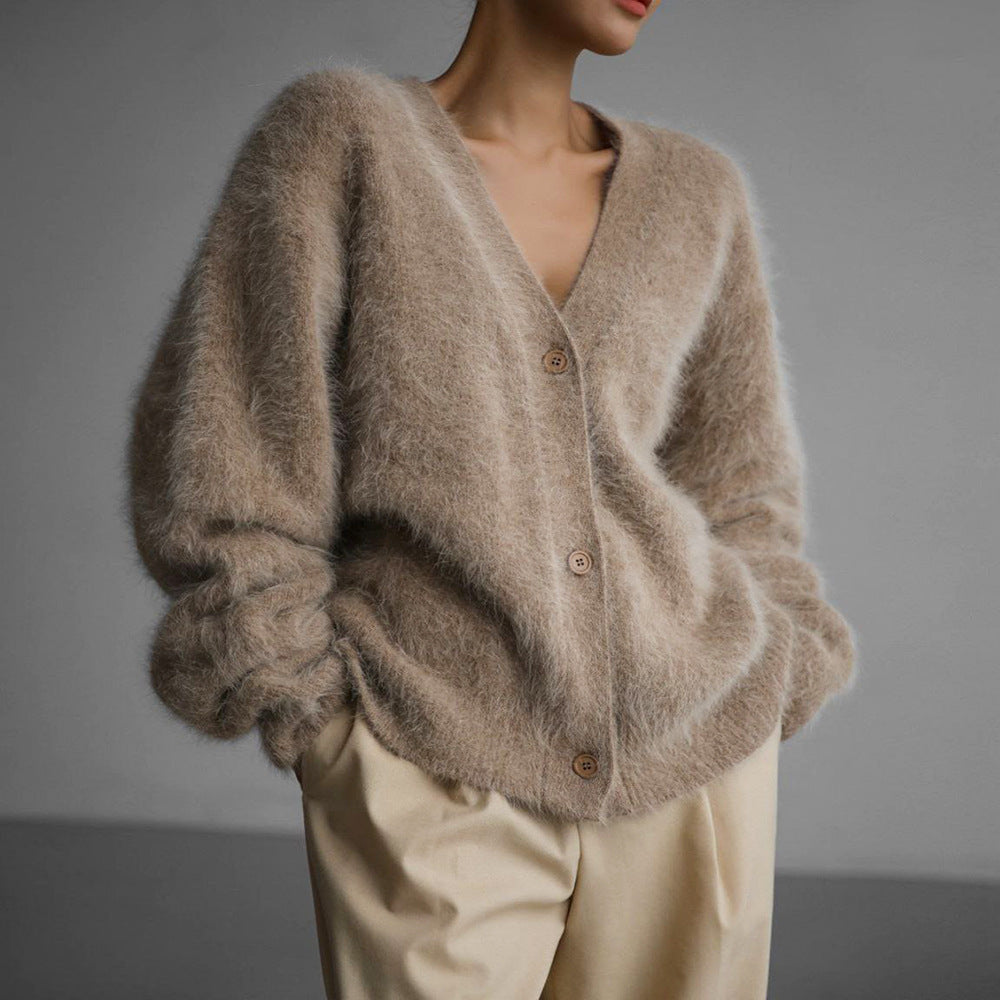Cross-border imitation mink knitted sweater cardigan European, American autumn and winter lazy loose long-sleeved V-neck sweater jacket women