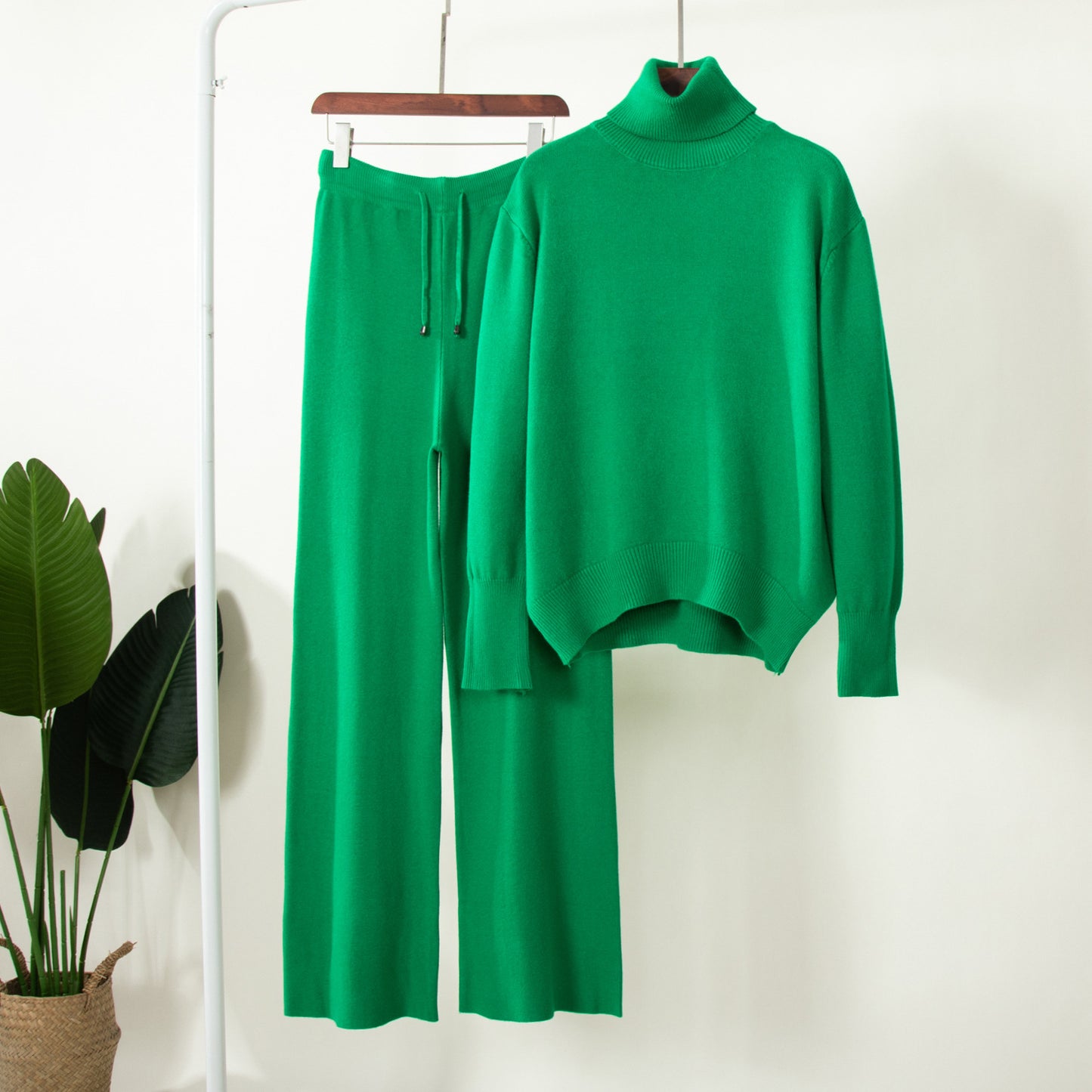 Cross-border solid color turtleneck sweater + wide-leg pants knitted two-piece set, European and American winter versatile loose sweater set   suits