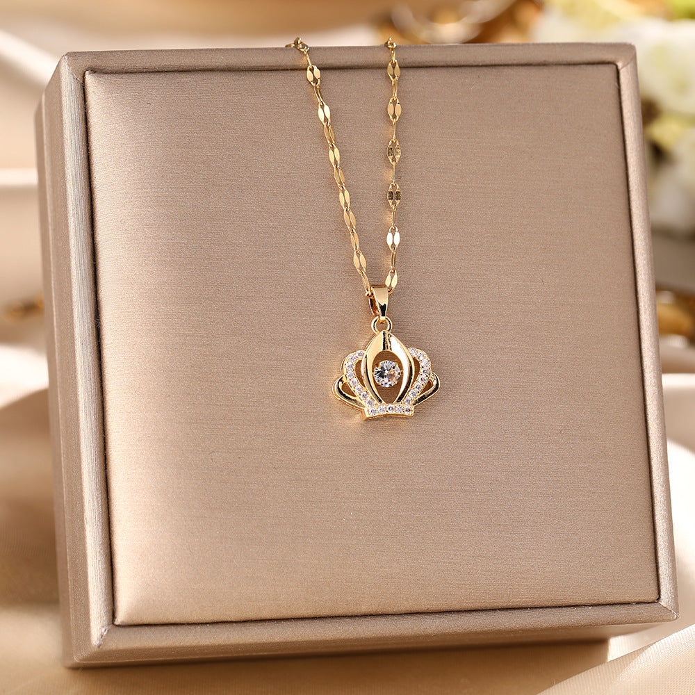 Hot Sale Titanium Steel Necklace Female Smart Crown Micro-inlaid Pendant Versatile Light Luxury Niche Design Clavicle Chain Jewelry