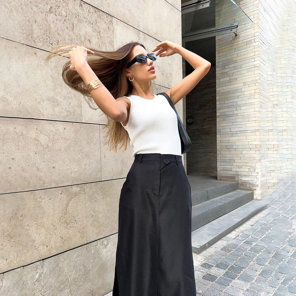 Split skirt women's spring and summer new high waist temperament commuter skirt European and American A-shaped dress
