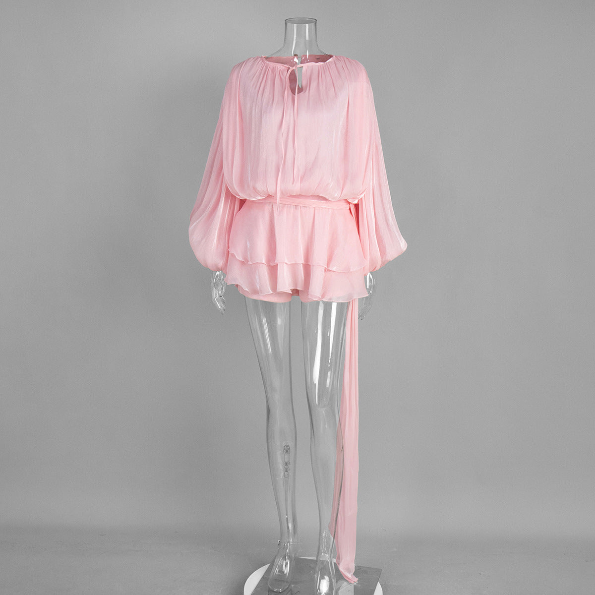 Chiffon long-sleeved dress European and American summer new lantern sleeve lace-up short skirt ruffle leaf edge dress