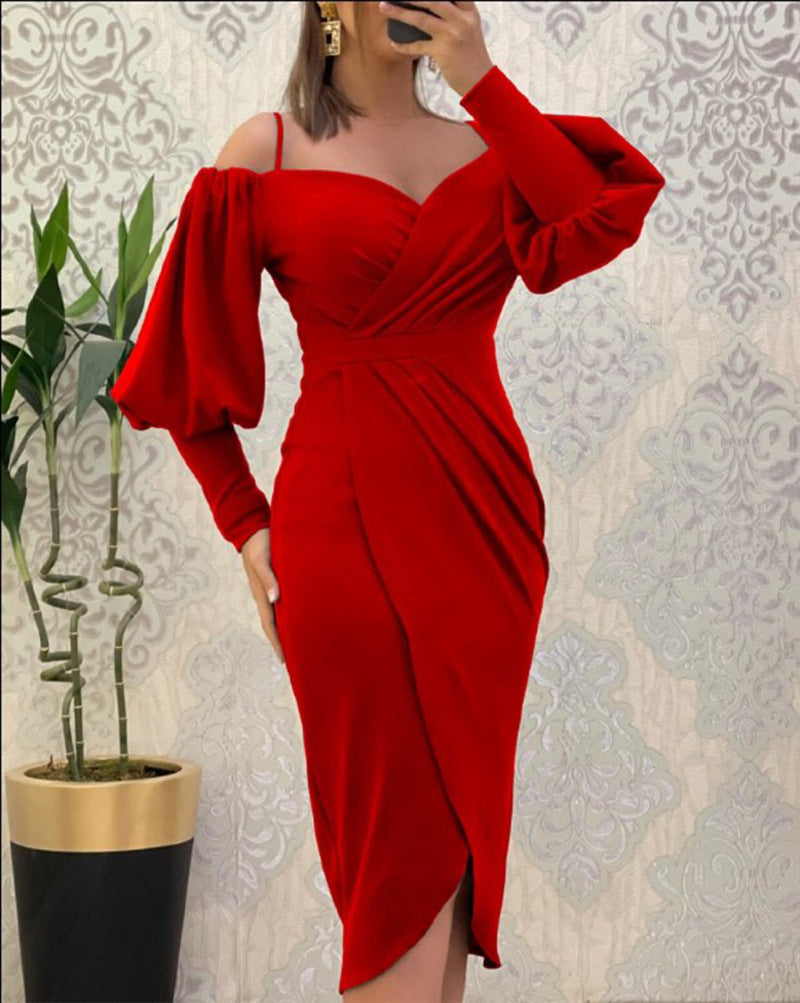 European and American cross-border new suspender one-word neck lantern long-sleeved waist pleated dress