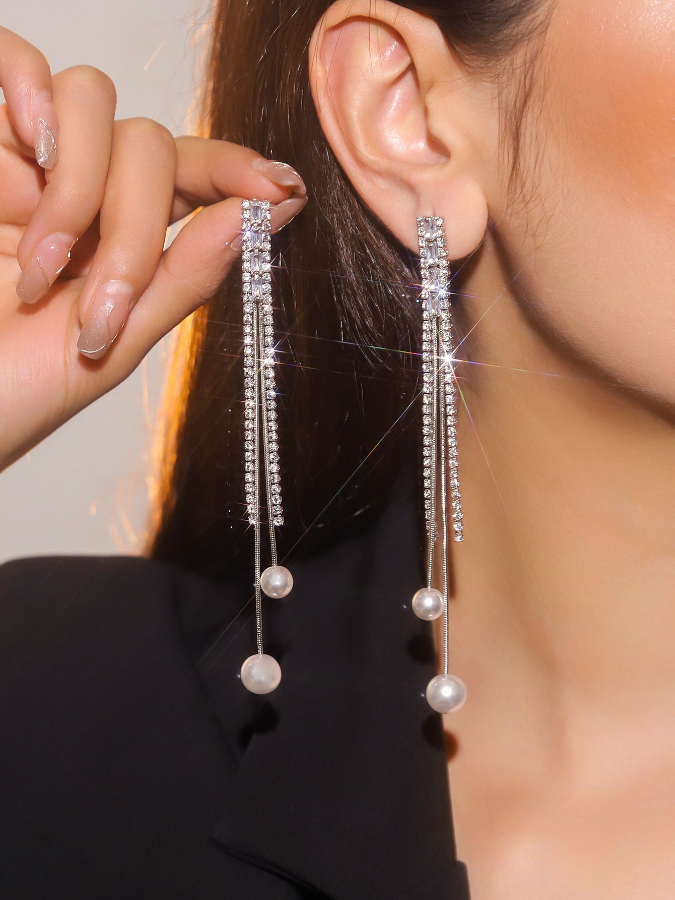 Dichka fashion geometric pearl zircon crystal long fringed earrings women's high-end luxury temperament stud earrings earrings