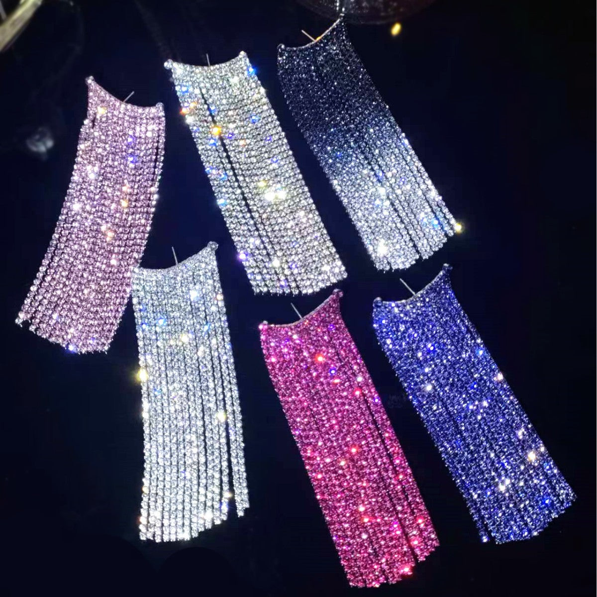 Heavy industry shiny crystal long fringed earrings for women, exquisite and elegant stud earrings, copper earrings.