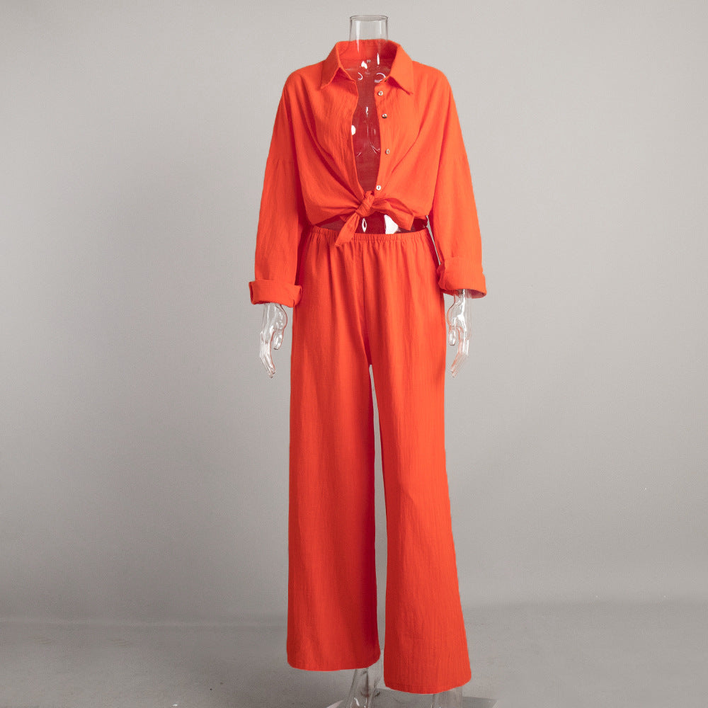 Long-sleeved casual suit, European and American spring and summer new women's loose casual cotton shirt + trousers suits