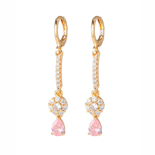 Town card, classic trendy pink water drop ear buckle women, fashionable versatile zircon earrings, personalized copper ear jewelry