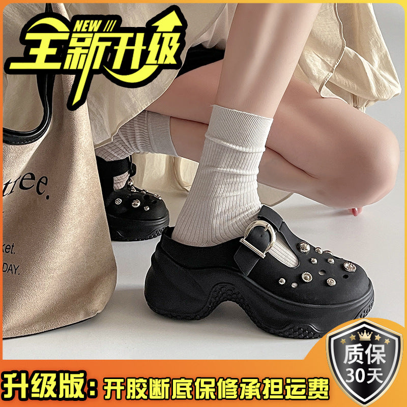 Casual hole shoes  summer and spring new European niche rhinestone thick sole heightening simple fashion bag head sandals slippers