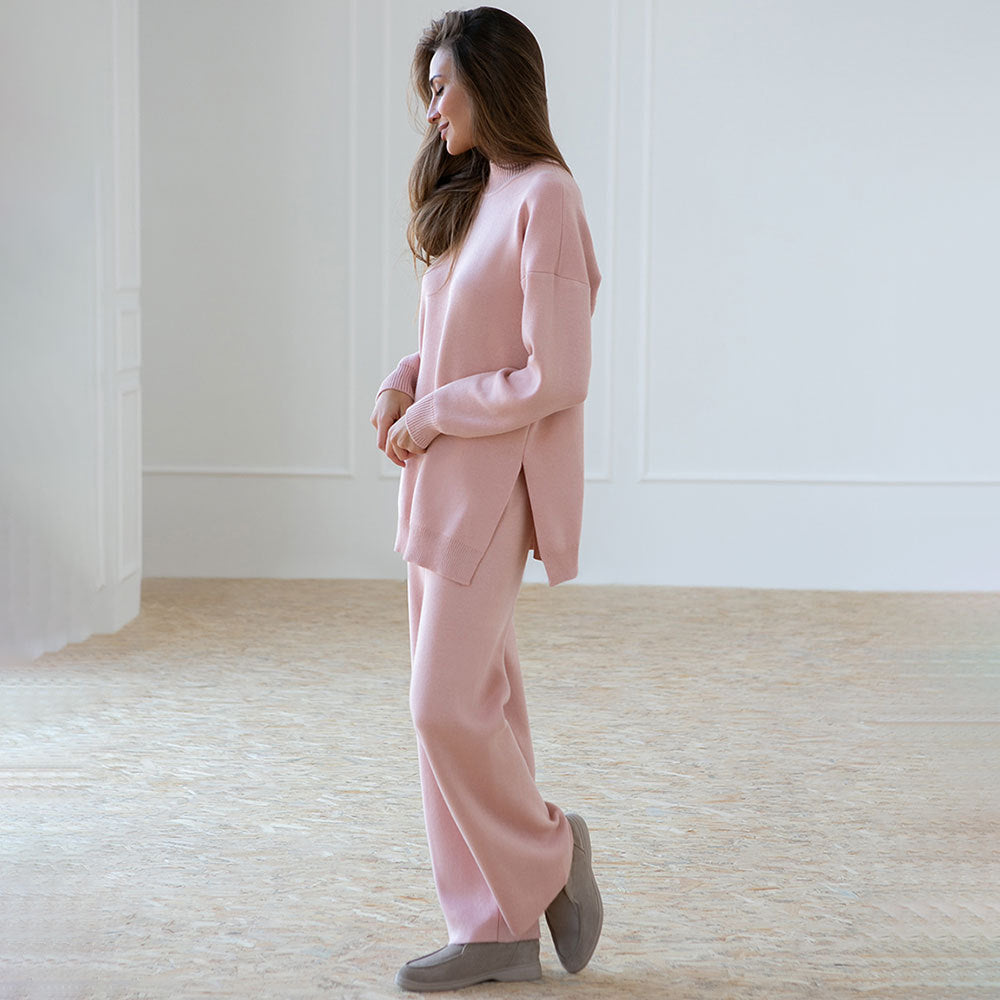 Solid color knitted turtleneck slit sweater set women's clothing European, American autumn and winter fashion casual lazy sweater set  suits