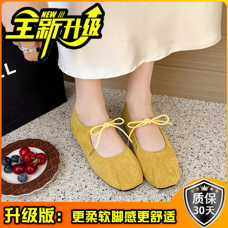 Vintage casual inner heightening single  beanie shoes women's  summer lace-up bow leather shoes comfortable ballet Mary Jane shoes