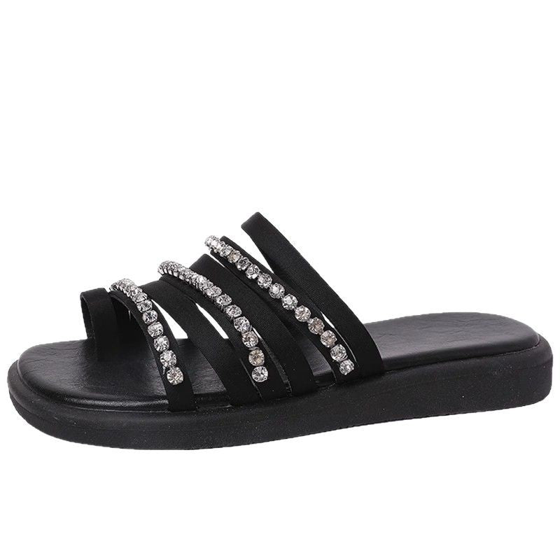 Summer new versatile flat-bottomed sandals round head non-slip temperament one-word drag fairy rhinestone cover toe slippers