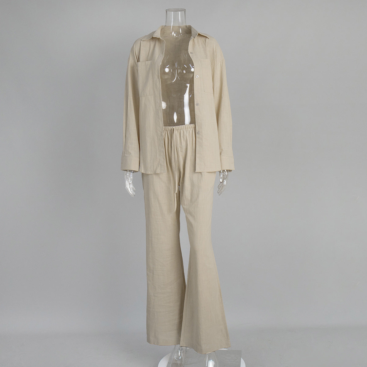 Pure cotton long-sleeved shirt wide-leg trousers set European and American summer solid color micro-pull trousers casual suits