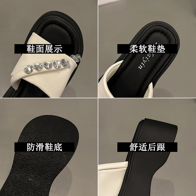 slippers women's summer wear fashion new rhinestone high-end thick-soled sandals flat-soled beach shoes women