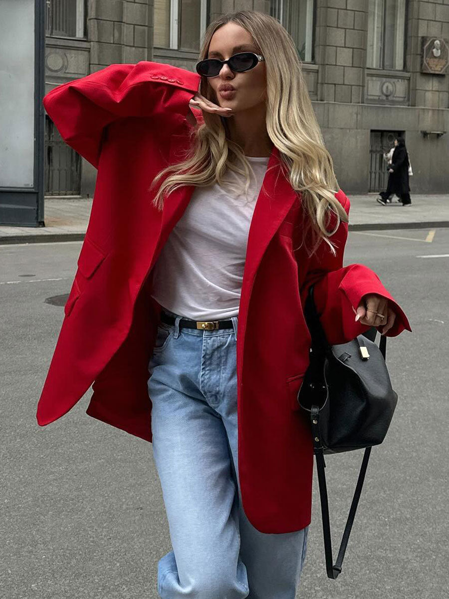 Red suits European and American summer new temperament shoulder pads loose lapel pocket red blazer