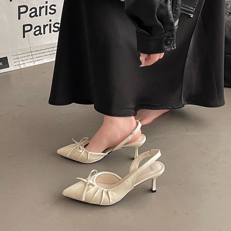French temperament pointed head wrinkled  head empty sandals women's  spring new bow gentle high heel single shoes