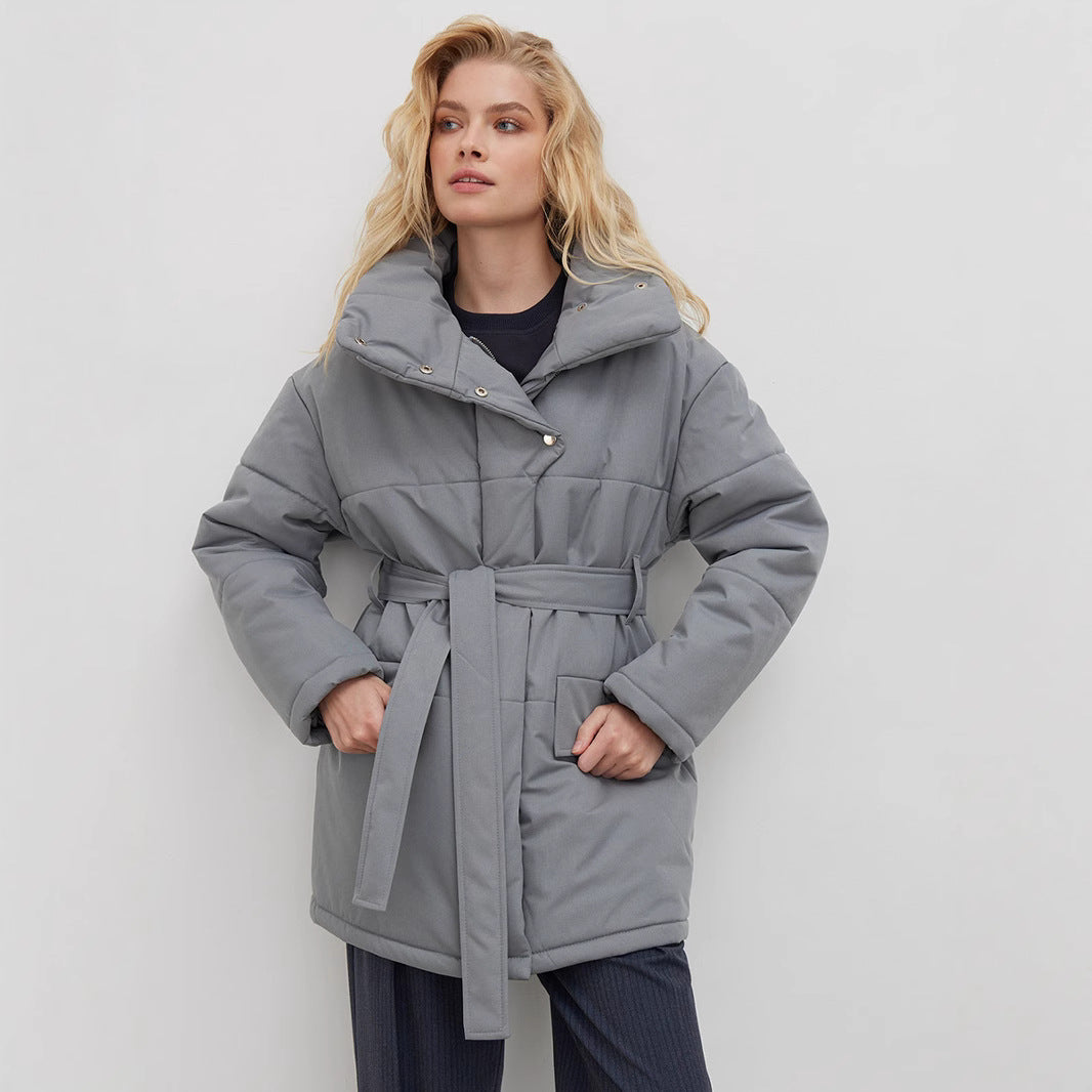 Stand-up collar cotton jacket European, American autumn and winter new temperament belt irregular medium and long cotton jackets