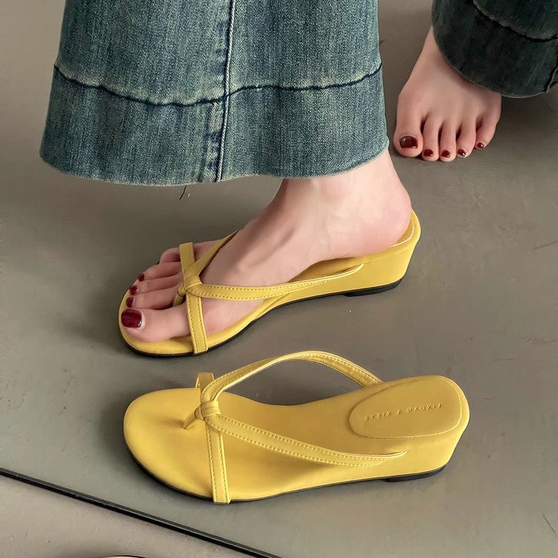 Thick-bottomed small flip-flops summer  French gentle temperament fairy suede toe slope heel cool slippers